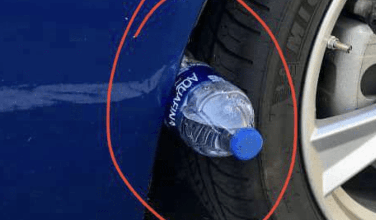 If you notice a plastic bottle on your tire, be sure to pay careful attention!