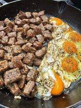 Garlic butter steak and potato pancakes